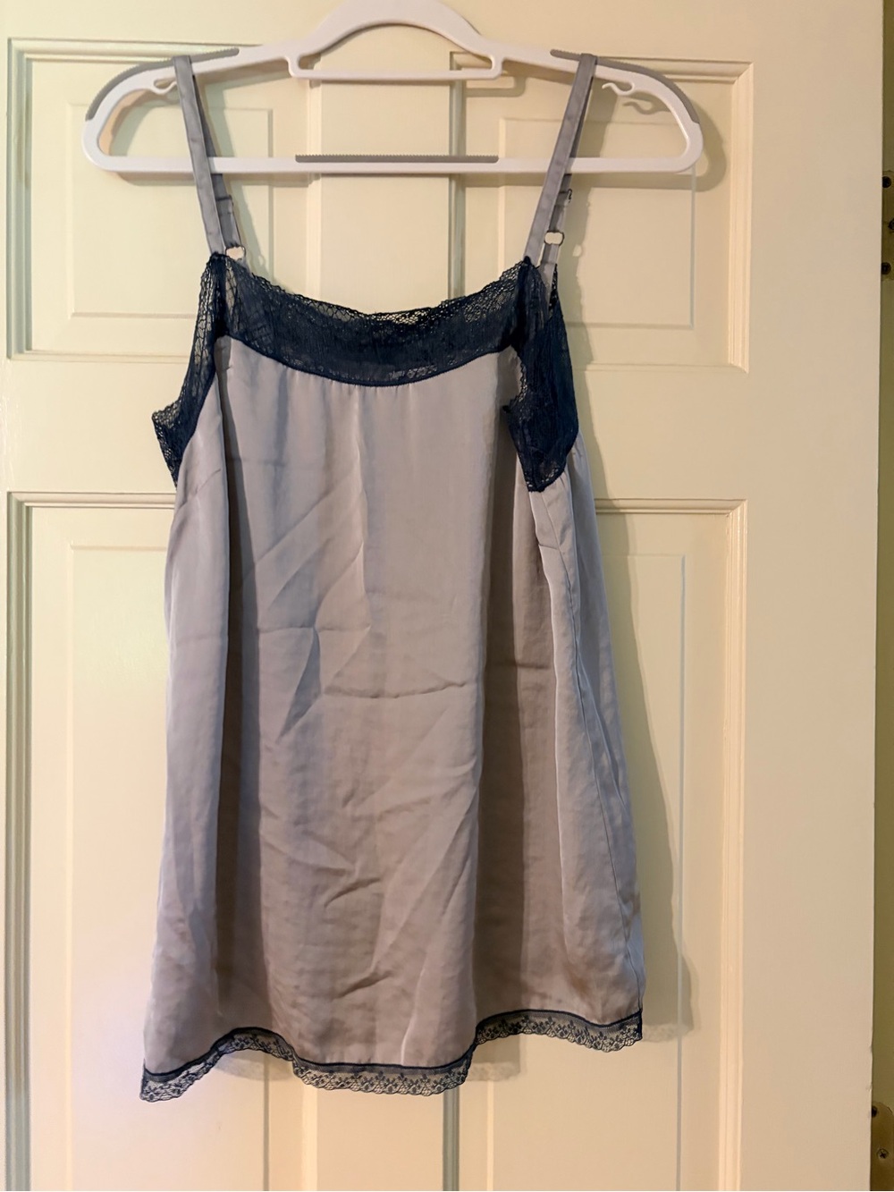 CAbi Light Gray Satin Camisole with Navy / Green Lace Trim